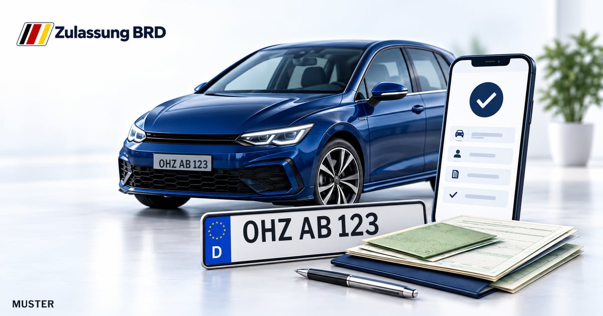 Online Fahrzeugzulassung in Ritterhude: Musterkennzeichen OHZ AB 123, Auto und Fahrzeugpapiere und Smartphone. Illustration mit Logo von Zulassung BRD.